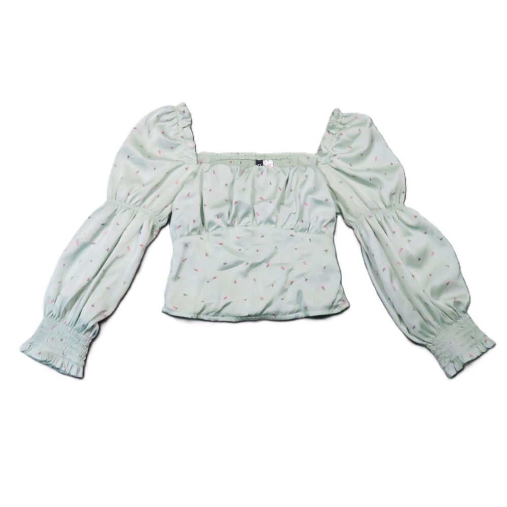 Floral Crop Top XS Green Satin Puff Sleeve Smocked Cottage Pastel Festival Boho